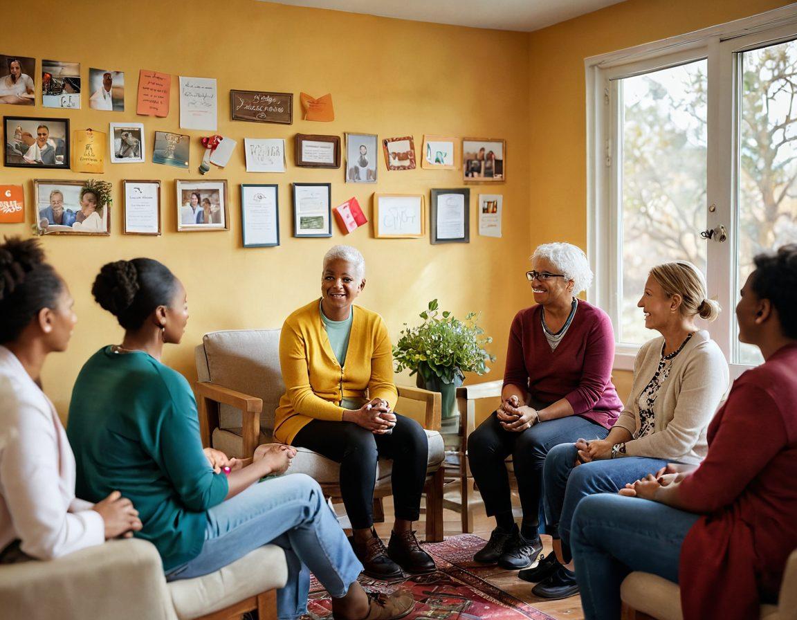 A warm and inviting scene depicting diverse individuals sharing their cancer survivor stories in a cozy support group setting. Include symbols of hope such as colorful ribbons, healing herbs, and inspirational quotes on the walls. Highlight the emotional connection between participants, showcasing expressions of resilience and support. Soft natural lighting enhances the atmosphere, creating a sense of warmth and encouragement. vibrant colors. soft focus. super-realistic.