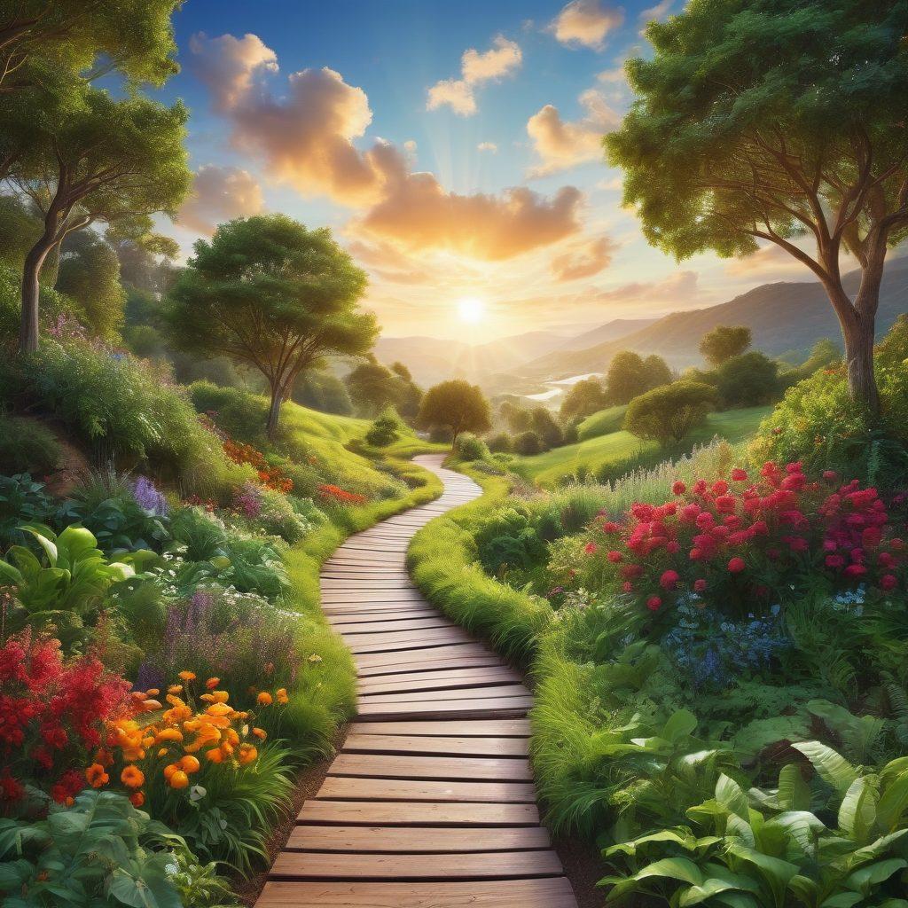 A serene landscape featuring a winding path through lush greenery, symbolizing the journey to wellness. Along the path, diverse people are engaging in activities like yoga, meditation, and discussions with healthcare professionals. Elements of preventive care such as fruits, vegetables, and medical symbols are subtly integrated into the scenery. The sky is bright and hopeful, promoting a sense of community and advocacy. vibrant colors. super-realistic.