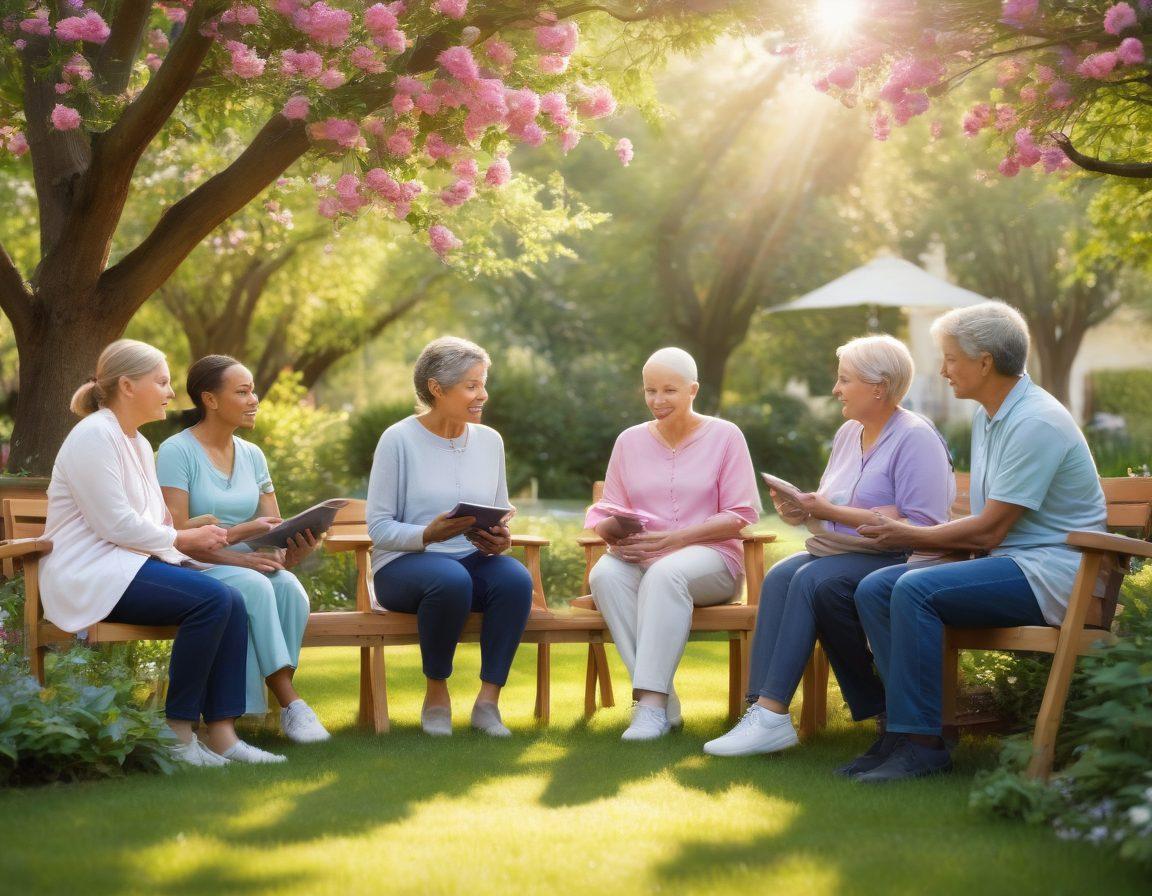 A compassionate scene featuring a diverse group of cancer patients and caregivers engaged in supportive conversations in a peaceful garden setting. Symbolic elements like awareness ribbons and blooming flowers represent hope and healing. Soft sunlight filters through the trees, creating an atmosphere of warmth and positivity. Include modern technology, such as tablets, showcasing innovative healing solutions. vibrant colors. peaceful illustration.